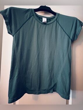 Athleta Green and White Striped Short Sleeve Performance Tee